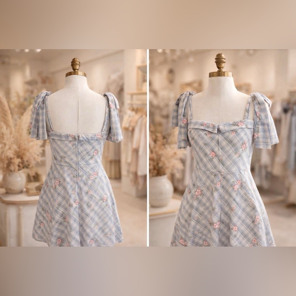 Francesca’s Floral Plaid Strap Tied Sleeve Dress (Cottage Core /Costal Romantic) - Picture 3 of 3